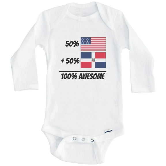 50% American Plus 50% Dominican Equals 100% Awesome Cute Dominican Republic Flag One Piece Baby Bodysuit (Long Sleeve), 0-3 Months White