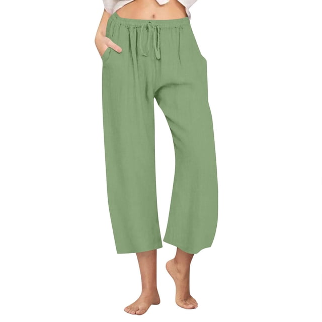 Pantalones de Cintura Elástica de Pierna Ancha para las Mujeres, Cordón de Lino Casual, Pantalones Recortados para las Mujeres