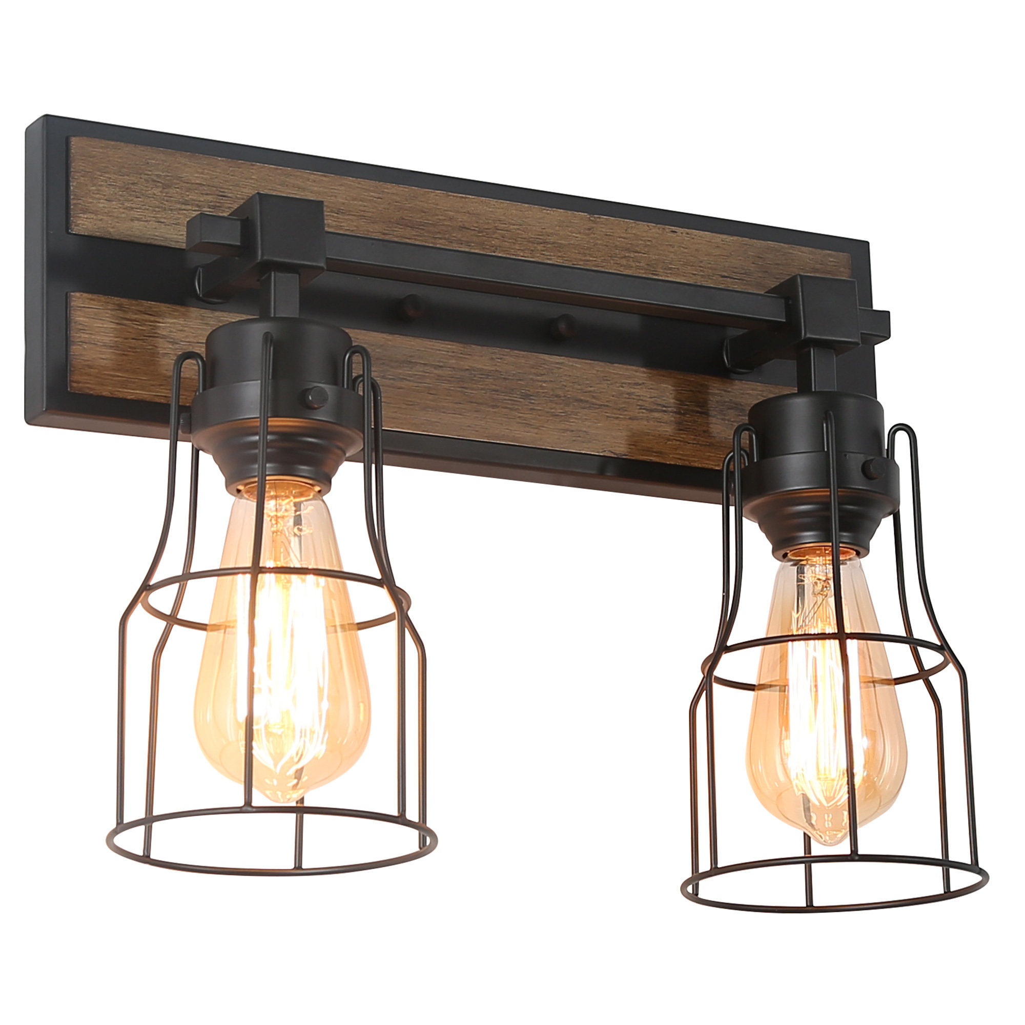 LNC 2-Light Black Geometric Modern Farmhouse Wood Tone Bathroom Vanity Lighting Fixutre