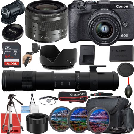 Canon EOS M6 Mark II Bundle: EVF-DC2 Viewfinder  15-45mm & 420-800mm Lenses  Adapter  Tripod  64GB Card  Battery  Case  Cleaning Kit  3-Filter Set & Extras