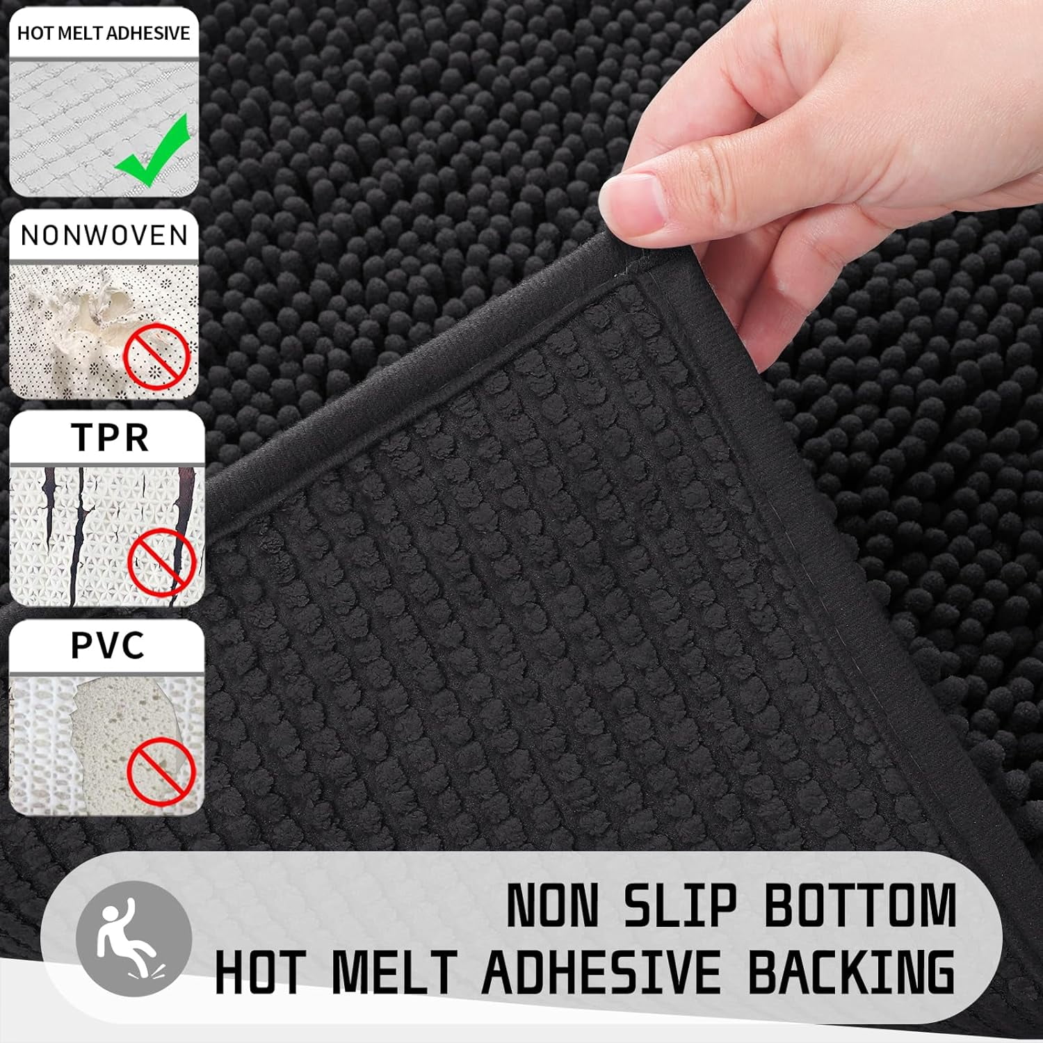 Chenille Bathroom Rug, 24x17, Extra Soft Absorbent Bath Rugs, Non-Slip, Bath Mats for Bathroom Floor, Water Absorbent, Machine Washable, Plush Bathroom Mat for Tub and Shower, Black