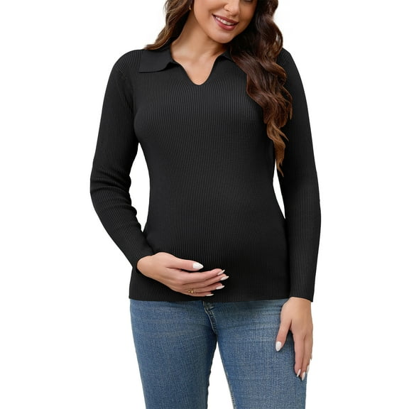 INSPIRE CHIC Womens Maternity Tops Sweater Long Sleeve Turndown V Neck Tunic Blouse Pregnancy Clothes M Black