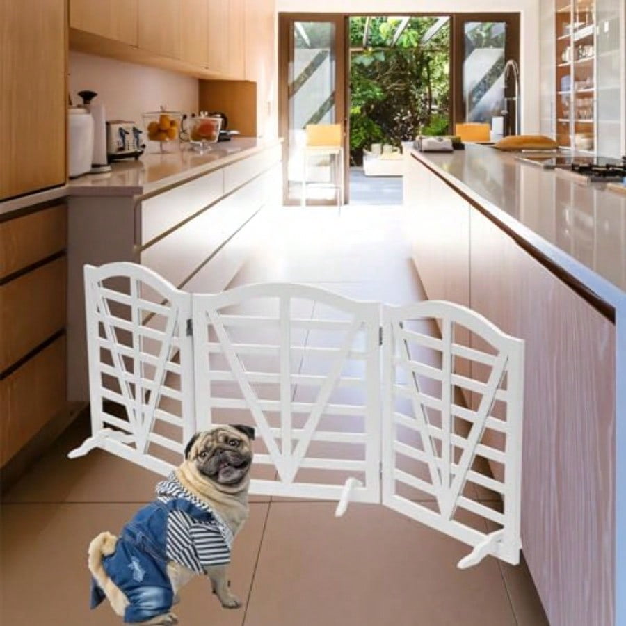 Wooden Dog Gate Freestanding Pet Gate Foldable Pet Gate for Dogs,Indoor Dog Fences with 3Foot Supportershite,3Pane 23.6" Height-White.