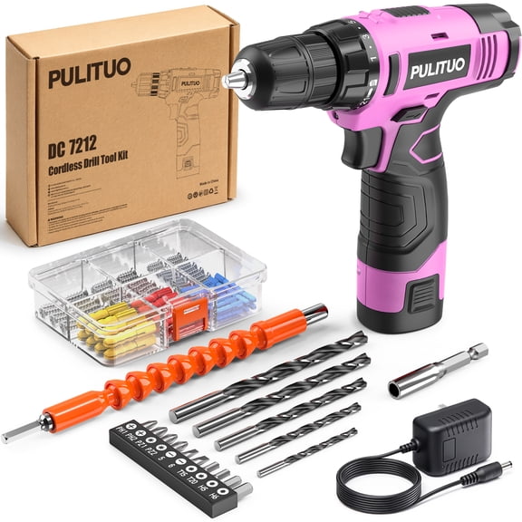 PULITUO 12V Cordless Power Drill Set with Battery and Charger, 3/8" Keyless Chuck, 21 1 Torque Settings, Built-in LED Light, Compact Electric Drill Kit for Home Improvement and DIY Projects(pink)