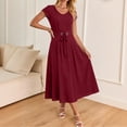 thumbnail image 2 of ZQUUVOU Summer Dresses for Women Belted Waist Short Sleeve Midi Dress Casual Soft Breathable Elegant Summer Office Daily Wear Burgundy, 2 of 5