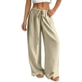 thumbnail image 2 of Minjewel Women's Loose Wide Leg Cotton Linen Pants with Drawstring, No Pocket Casual Trousers for Summer, Beach, and Daily Wear, Lightweight Breathable,Khaki,2XL, 2 of 7