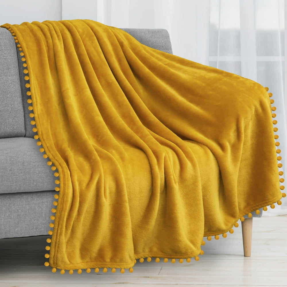 PAVILIA Pom Pom Blanket Throw Twin, Mustard Yellow Gold Soft Fleece