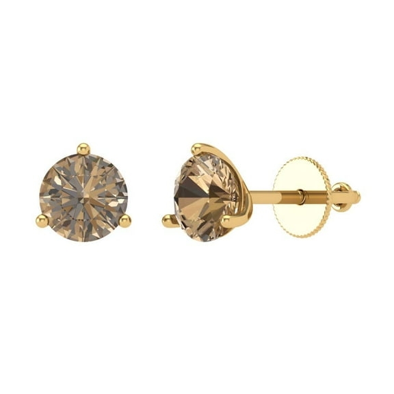 2 ct Screw-Back Stud Earrings for Women | 6.5mm Round Cut Simulated Champagne Diamond | 18K Yellow Gold