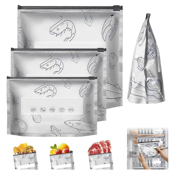 50 Reusable Aluminum Foil Sealable Storage Bags with Label and Zip Lock for Vegetable Fruit Meat, Silver  (5.1"x7.8", 6.7"x9", 10"x11.5")
