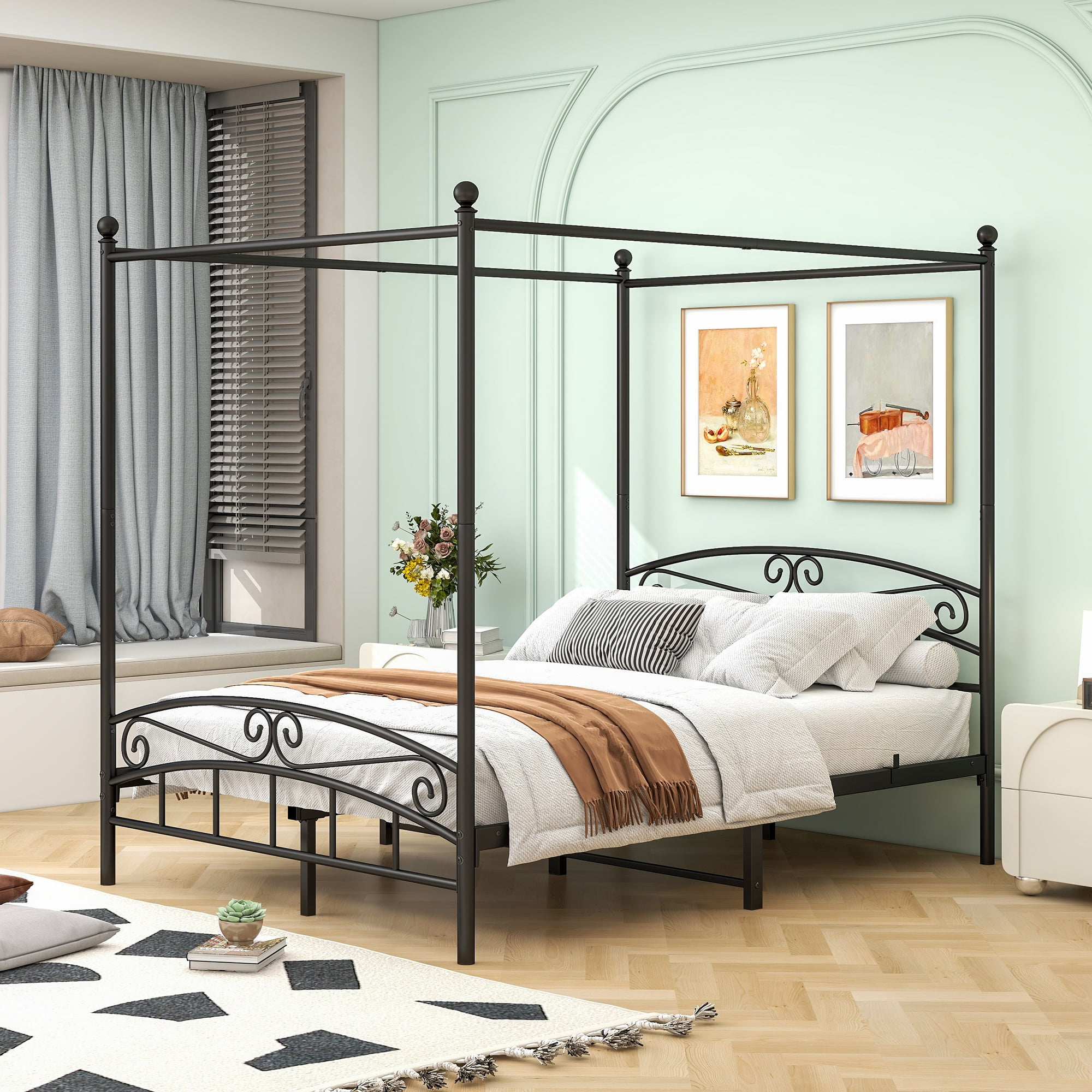 Royard Oaktree Queen Size Metal Canopy Bed Frame with Ornate European Style Headboard & Footboard Sturdy Steel H/Under-Bed Storage Space/No Box Spring Needed/Black