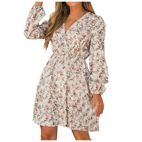 TJAZFJPA Short White Dress Womens V Neck Floral Mini Dress Long Sleeve A Line Surplice Plus Size Sun Dress Black Wedding Guest Dress