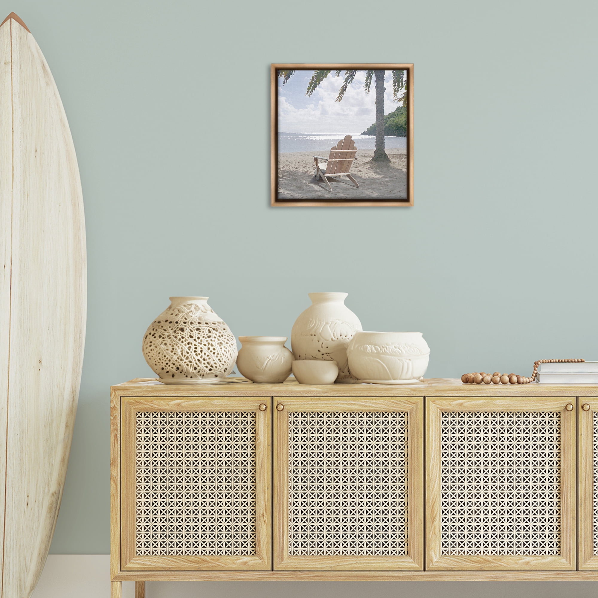 Stupell Industries Chair Under Palm Tree Coastal Photography Brown Floater Framed Canvas Art Print Wall Art, 18 x 18