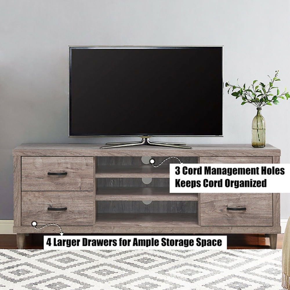 Finihen TV Stand, TV Cabinet, Retro Wooden TV Stand with 3 Open Shelves and 4 Drawers, Media Entertainment Center with Storage, for Living Room, Bedroom, Brown