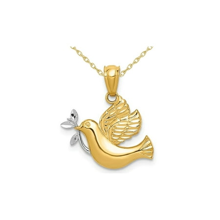 - 14K Yellow Gold Dove and Olive Branch Charm Pendant Necklace with Chain