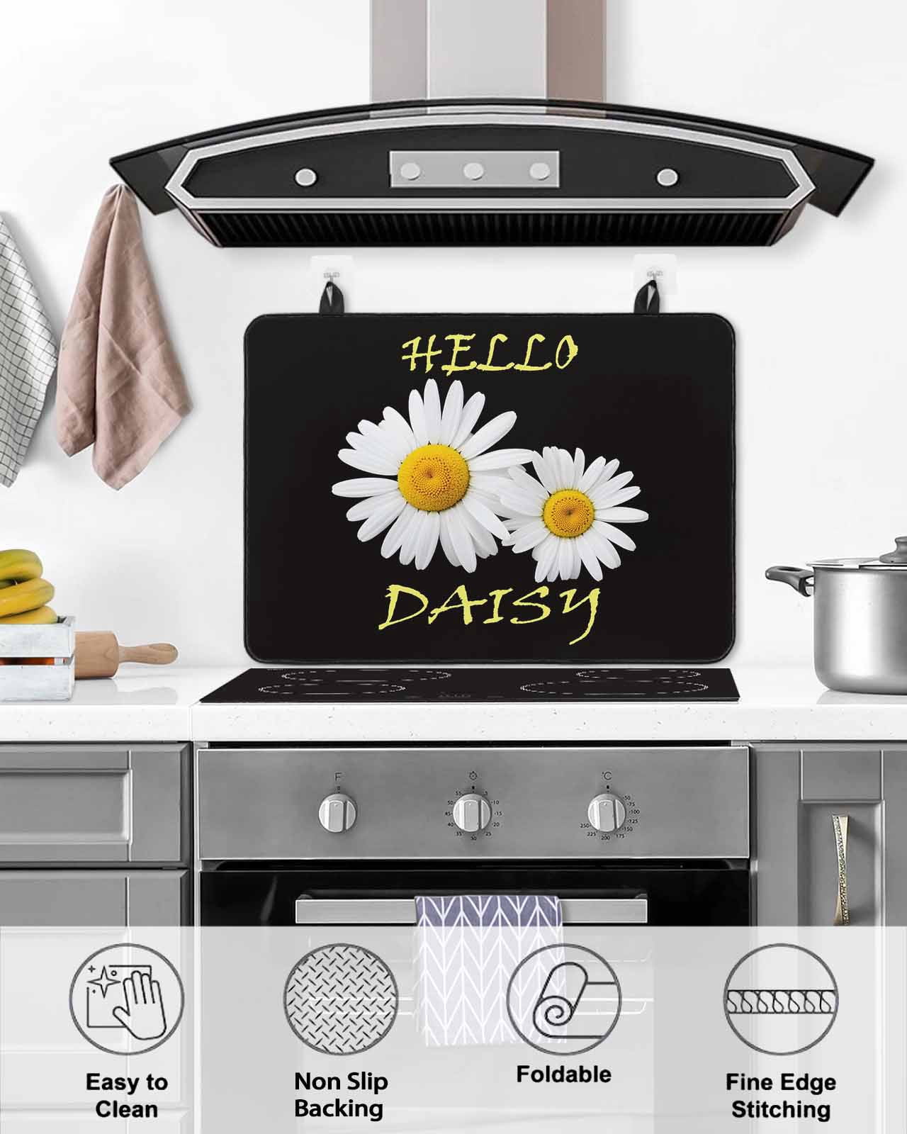 Large Induction Cooktop Protector Mat White Daisy Stove Top Covers for Electric Stove, Spring Hello Daisy Floral Black Decorative Stove Burner Cover Mats, Glass Top Stove Cover
