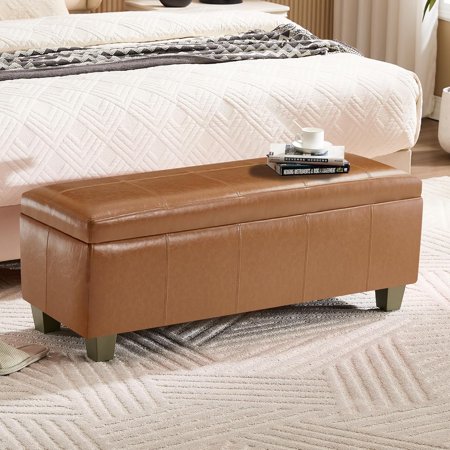 41 Faux Leather Storage Ottoman Stitch Tufted Rectangle Upholstered End of Bed Storage Bench Entryway Large Couch Ottoman with Wooden Legs Light Brown