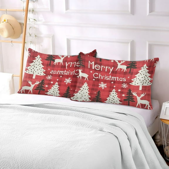 Pillow Case Plush Pillow Dark Red Plaid and Reindeer Case standard size/King size/Queen size Bed Pillow Pillowcases