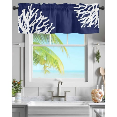 Rod Pocket Window Valances Modern Abstract Coral on Dark Blue Short Kitchen Curtains Summer Underwater Window Treatment Drapes for Bedroom Bathroom Living Room 42x18In 1 Panel
