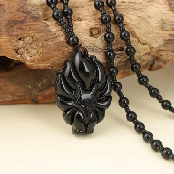 GKNET Nine-Tailed Fox Pendant Necklace Unisex Chinese Animal Hand-Carved Fox Men W WY4-Black-