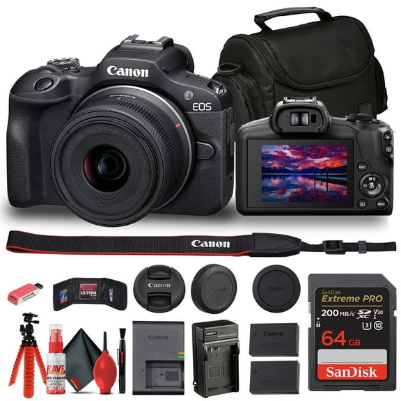 Restored Canon EOS R100 Mirrorless Camera with 18-45mm Lens and Bag + 64GB Card + LPE17 Battery + More(Refurbished)