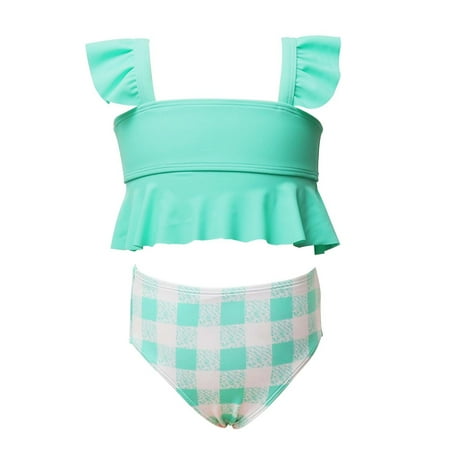 Penkiiy Toddler Kids Baby Girls Summer Small Ruffle Solid Color Plaid Split SwimsuitGirls Bikini Swimsuits 4-16 On Sale Mint Green 10-12 Years