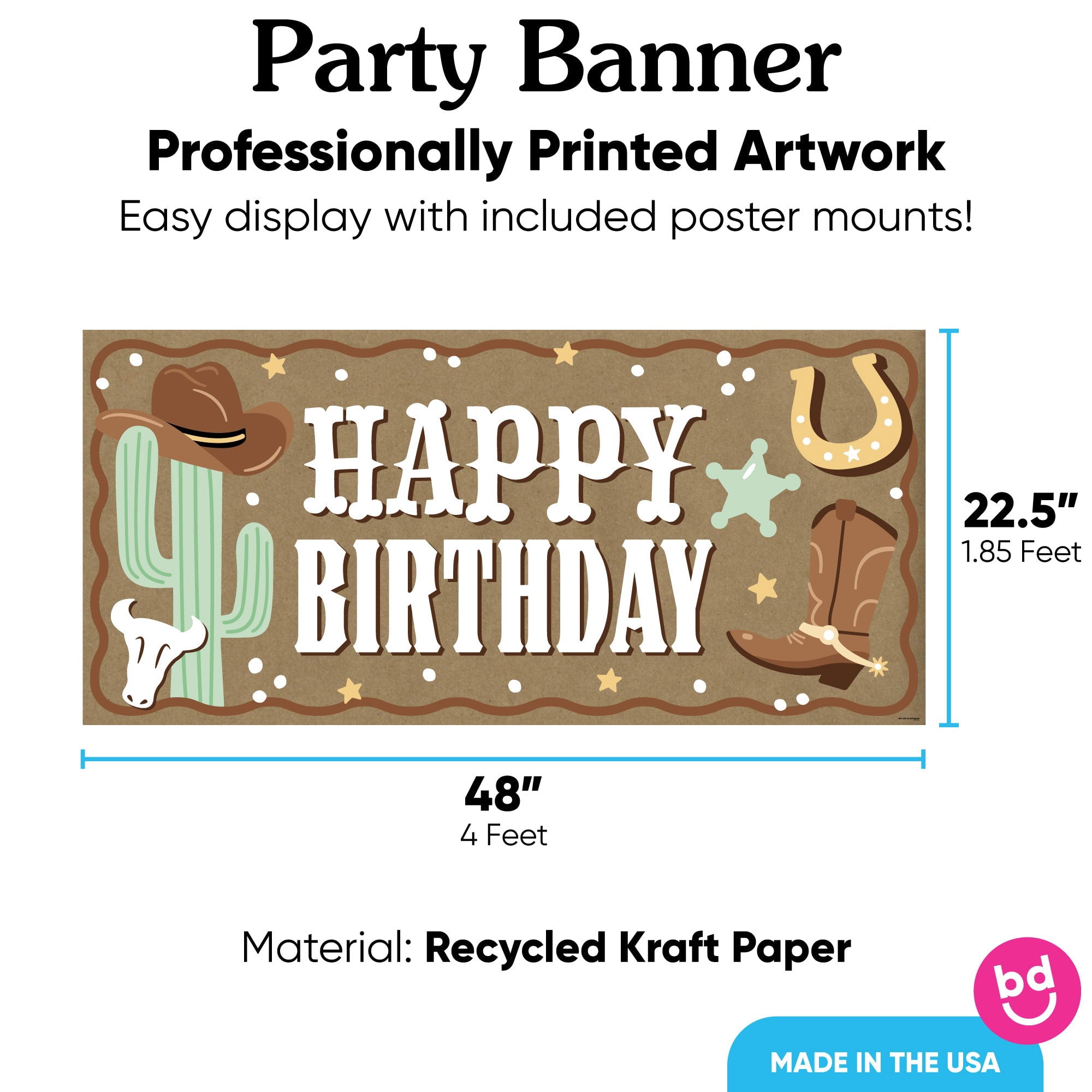 Big Dot of Happiness Western Hoedown Birthday Kraft Paper Banner, Wild West Cowboy Happy Birthday Party Banner, Printed Brown Paper Party Sign Decoration – 1 Count
