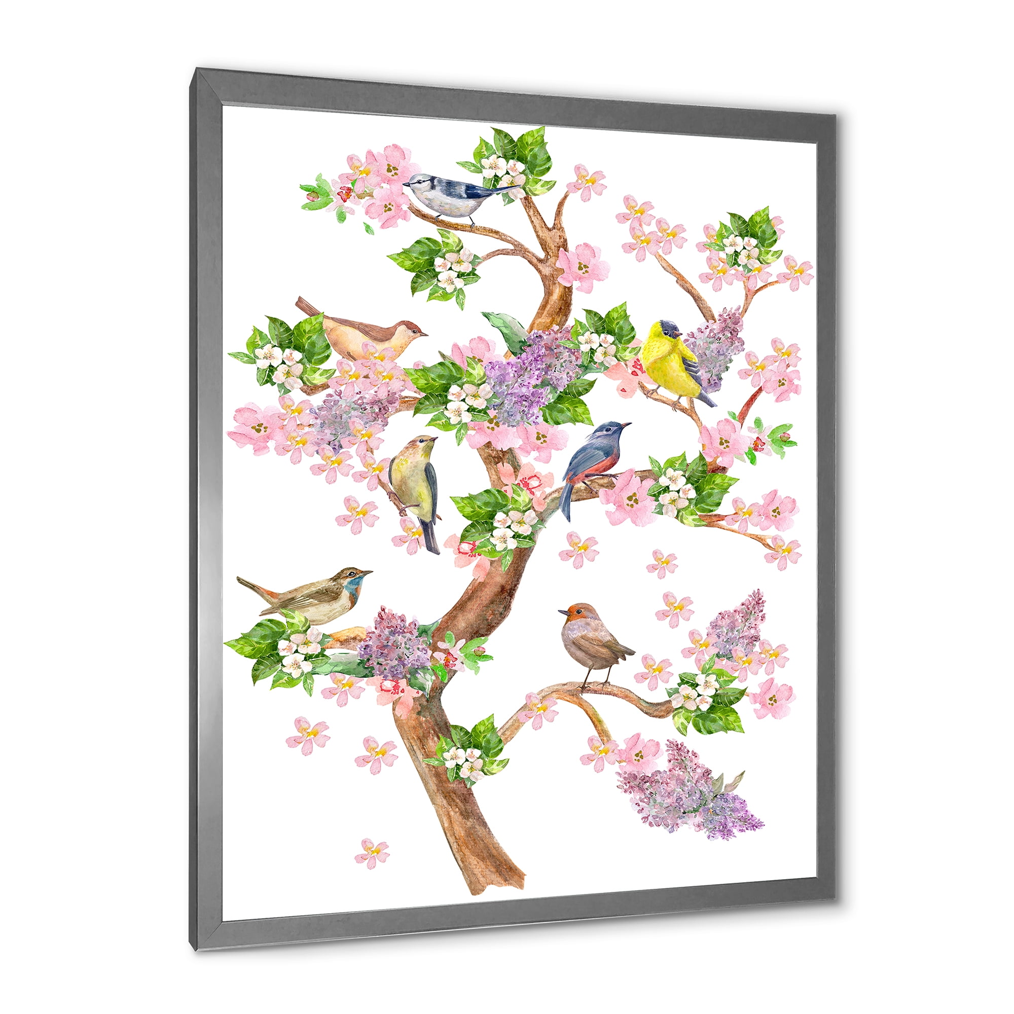 Tree With Colorful Birds Sitting On Flowering Branches 16 in x 32 in Framed Painting Canvas Art Print, by Designart