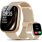 Smart Watch Fits for Android and IPhone, Smartwatch for Women Men with Alexa Built-in, 1.83" HD Touchscreen Fitness Tracker 120 Plus Sports Mode, Bluetooth Call, IP68 Waterproof, Gold Steel Strap