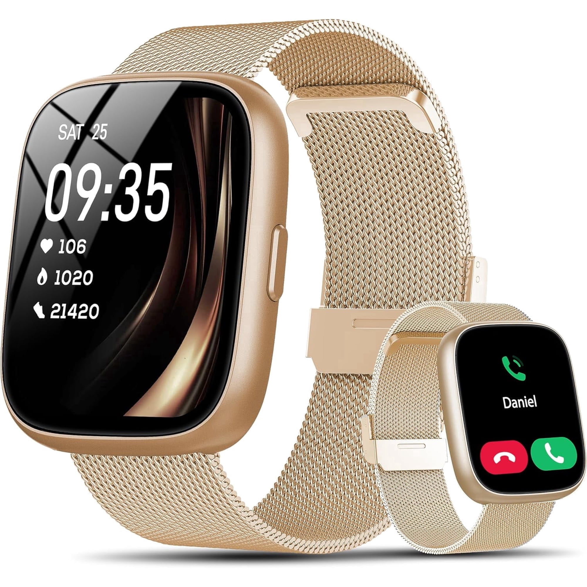 Smart Watch Fits for Android and IPhone, Smartwatch for Women Men with Alexa Built-in, 1.83" HD Touchscreen Fitness Tracker 120 Plus Sports Mode, Bluetooth Call, IP68 Waterproof, Gold Steel Strap