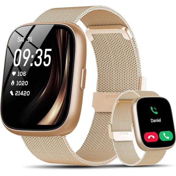 Smart Watch Fits for Android and IPhone, Smartwatch for Women Men with Alexa Built-in, 1.83" HD Touchscreen Fitness Tracker 120 Plus Sports Mode, Bluetooth Call, IP68 Waterproof, Gold Steel Strap