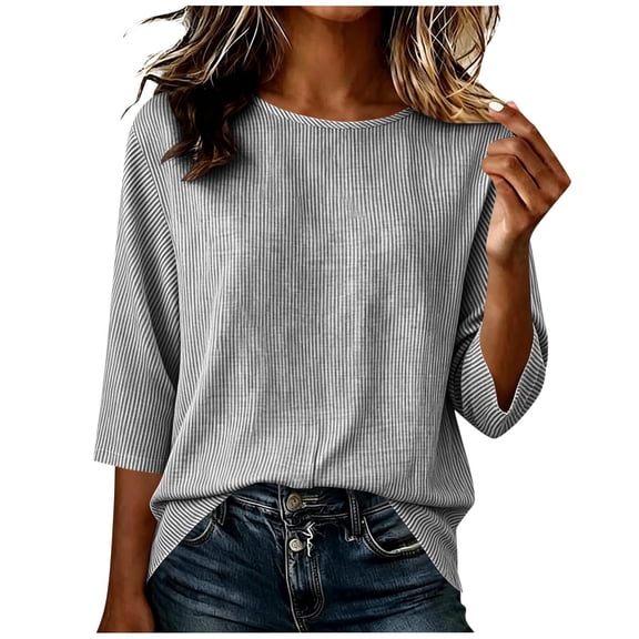 VBVC Women's Cotton Linen 3/4 Sleeve Tops , Ladies' Crew Neck Striped Shirts , Casual Basic Tunic Blouses For Women, S-2XL
