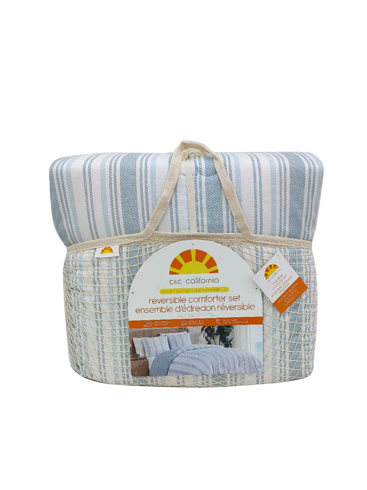 C&C California, Ensemble d’édredon réversible imprimée à rayures, 100 % coton, respirant, confort toutes saisons, 3 pièces, Très Grand Lit, bleu