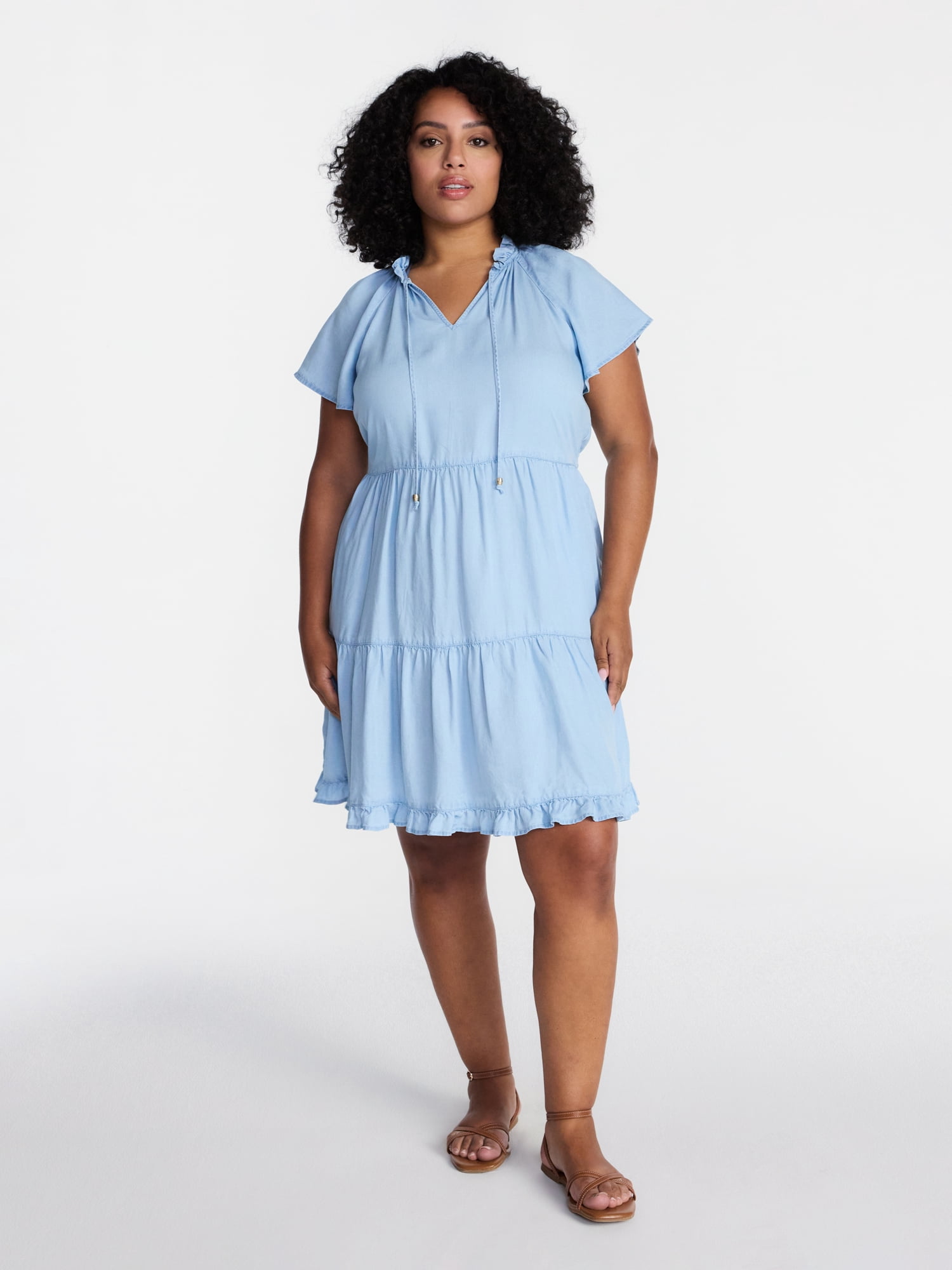 Time and Tru Women's Tiered Mini Dress with Flutter Sleeves, Sizes XS-XXXL