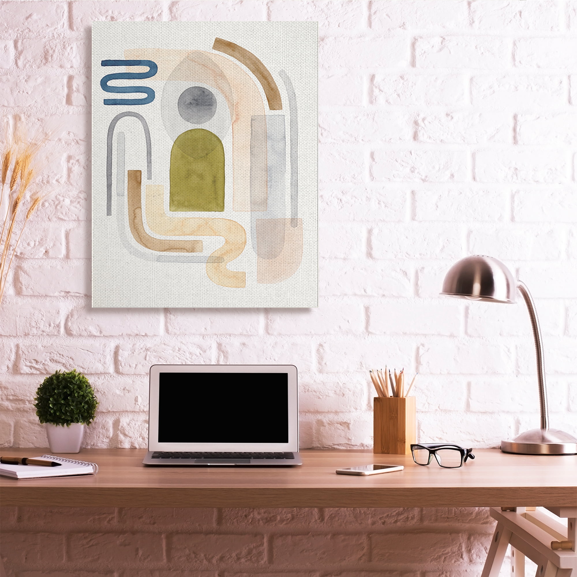 Stupell Industries Deco Shape Abstraction Neutral Blue Beige Curves Abstract Painting Gallery Wrapped Canvas Art Print Wall Art, 36 x 48