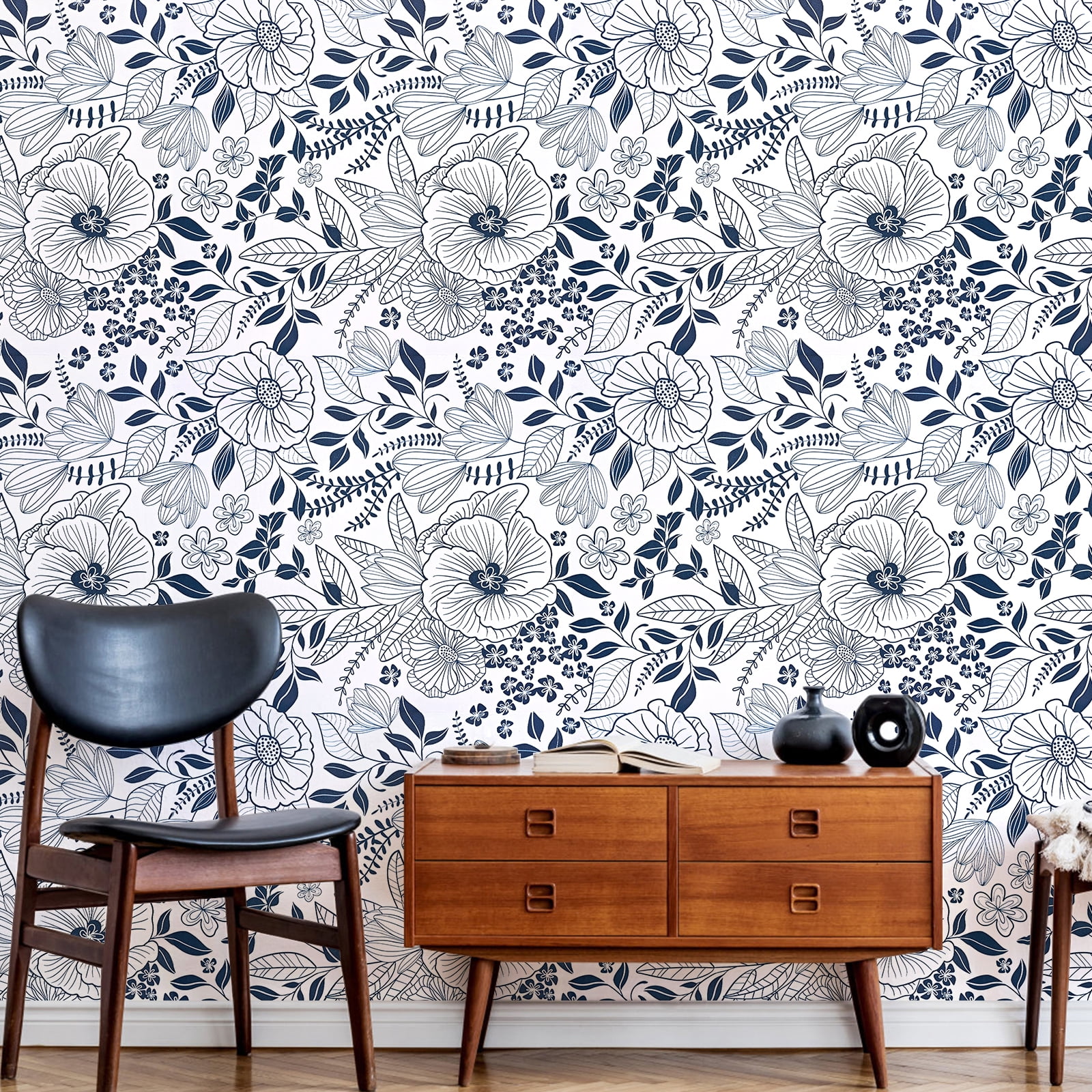 DAZLUTE Peel and Stick Removable Wallpaper White Blue Floral Contact Paper Wallpaper,17.72" x 394"