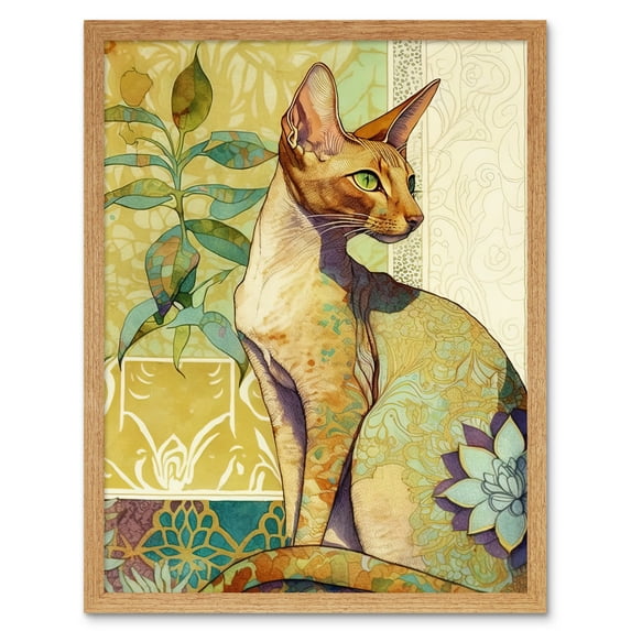 Oriental Shorthair Cat with Art Nouveau Botanical Patterns Colourful Watercolour Illustration Art Print Framed Poster Wall Decor 12x16 inch