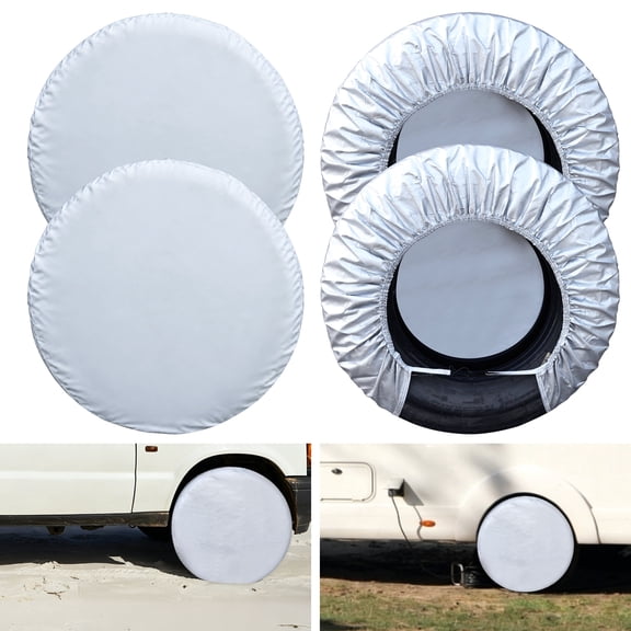 cyrico RV Tire Covers Set of 4, Waterproof Anti-UV Wheel Covers for Trailers, Truck, SUV, Camper, Oxford Sun Rain Snow RV Tire Protector, Universal Fits Tire Diameters 27-29 Inch, Silver