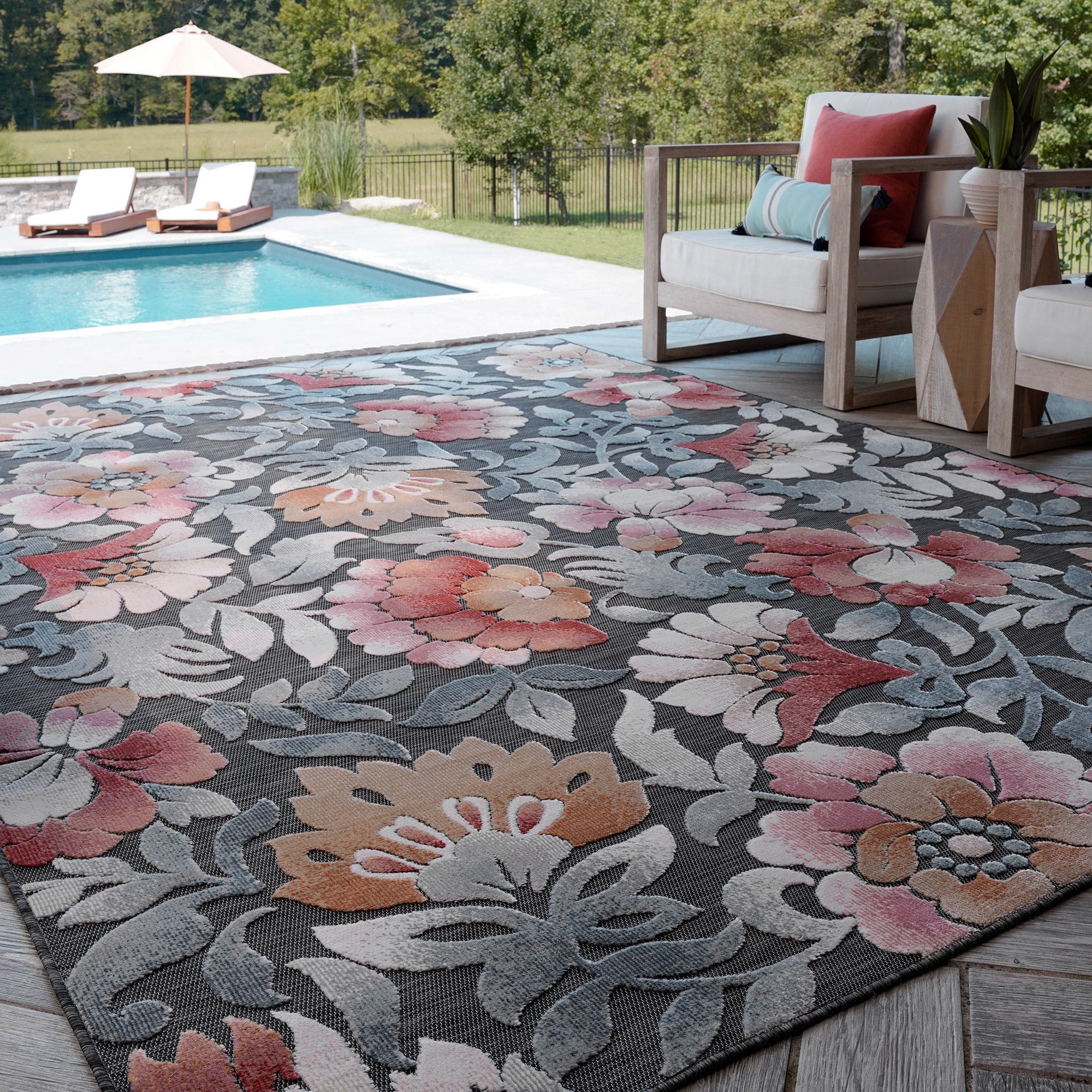5x7 Water Resistant, Indoor Outdoor Rugs for Patios, Front Door Entry, Entryway, Deck, Porch, Balcony | Outside Area Rug for Patio | Black, Floral | Size: 5'1'' x 7'3''