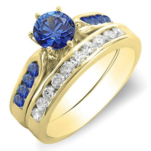Dazzlingrock Collection 14K Round Blue Sapphire & White Diamond Ladies Bridal Engagement Ring Set, Yellow Gold, Size 5