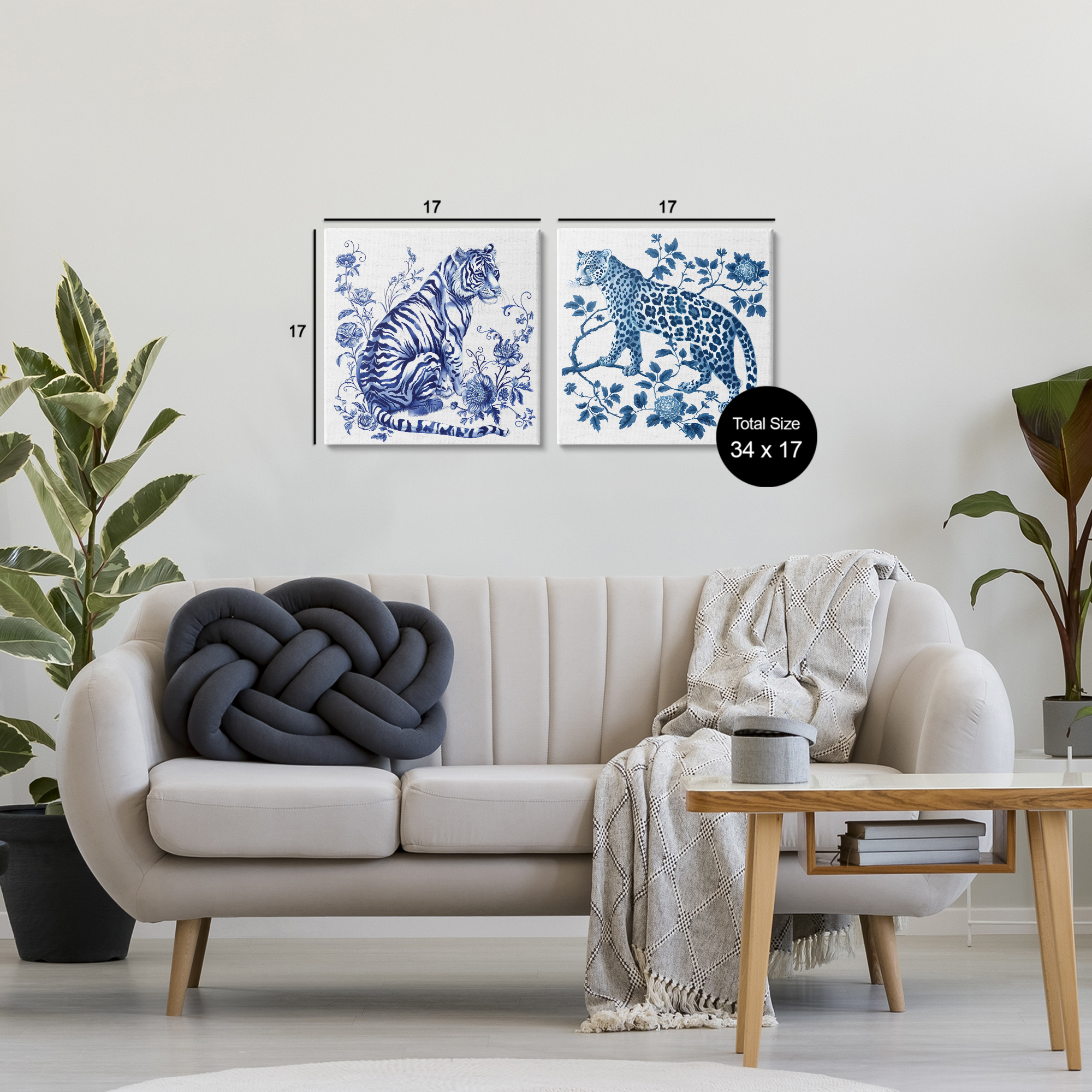 Ornate & Detailed Large Cats 2 Piece Canvas Wall Art Set, design by Lettered and Lined