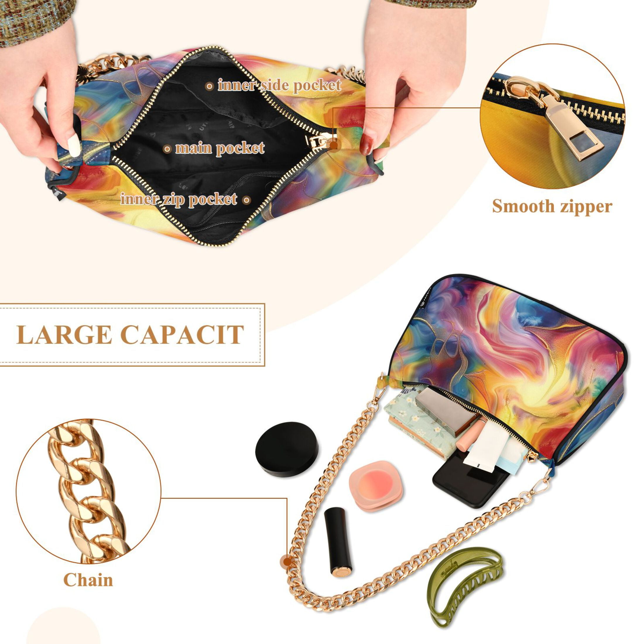 Ryvnso Tie Dye Liquid Womens Chain Shoulder Bag Tote Handbags Clutch Hobo Purse with Zipper for Travel