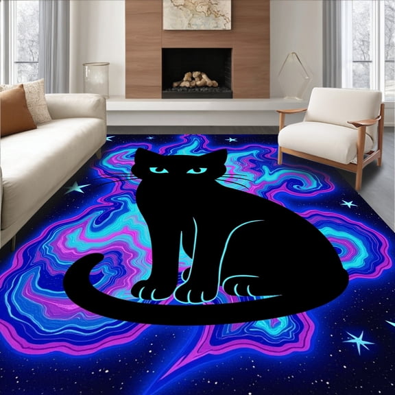 ODIKA 4'x6' Machine Washable Non-Slip Area Rug, Mystical Feline Under Celestial Night Sky DIY Project High Traffic Rug, Black, 729844