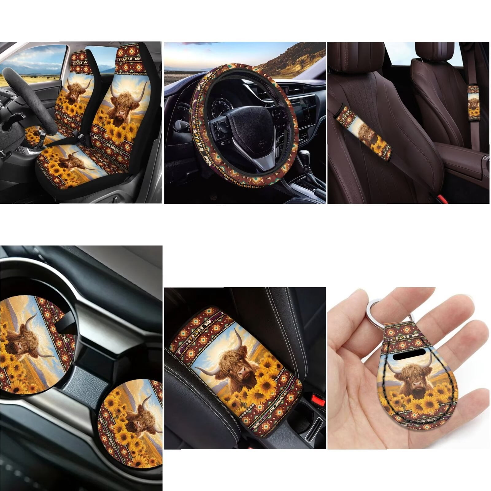 LedBack Aztec Sunflower Car Seat Covers Full Set Highland Cattle Car Front/Rear Seat Cover for Mosts Cars Van SUV Truck, 12 Pcs Steering Wheel Cover Armrest Pads Seat Belt Cover Coaster