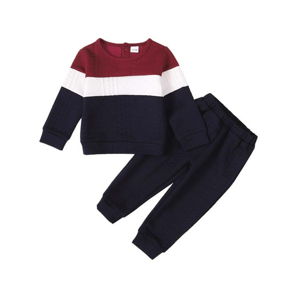 Kucnuzki 18 Months Newborn Baby Boy Winter Outfits Pants Sets 24 Months Long Sleeve Contrast Color Swearshirt Pull-over Elastic Pants 2PCS Set Blue