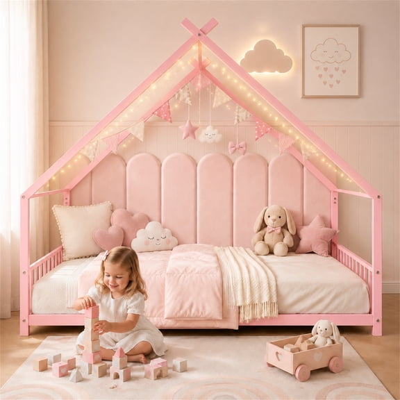 SESSLIFE Montessori Floor Bed, Twin Size Toddler Bed with Roof and Guardrail, House-Shaped Design, No Box Spring Needed, Toddler Bed Frame for Kids, Pink