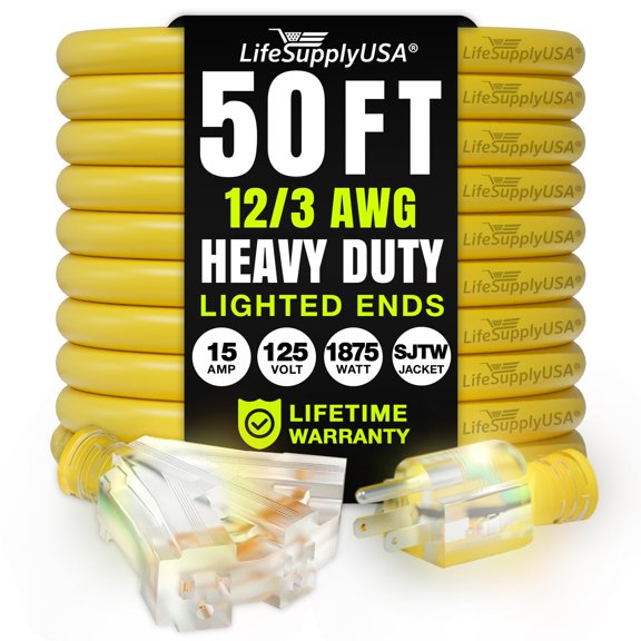 50ft Outdoor/Indoor Extension Cord 3-Outlet 12/3 Gauge Extra Heavy Duty 3 Prong SJTW, Waterproof, Flexible Cold-Resistant Long Power Cord,15A 125V 1875W, Yellow by LifeSupplyUSA