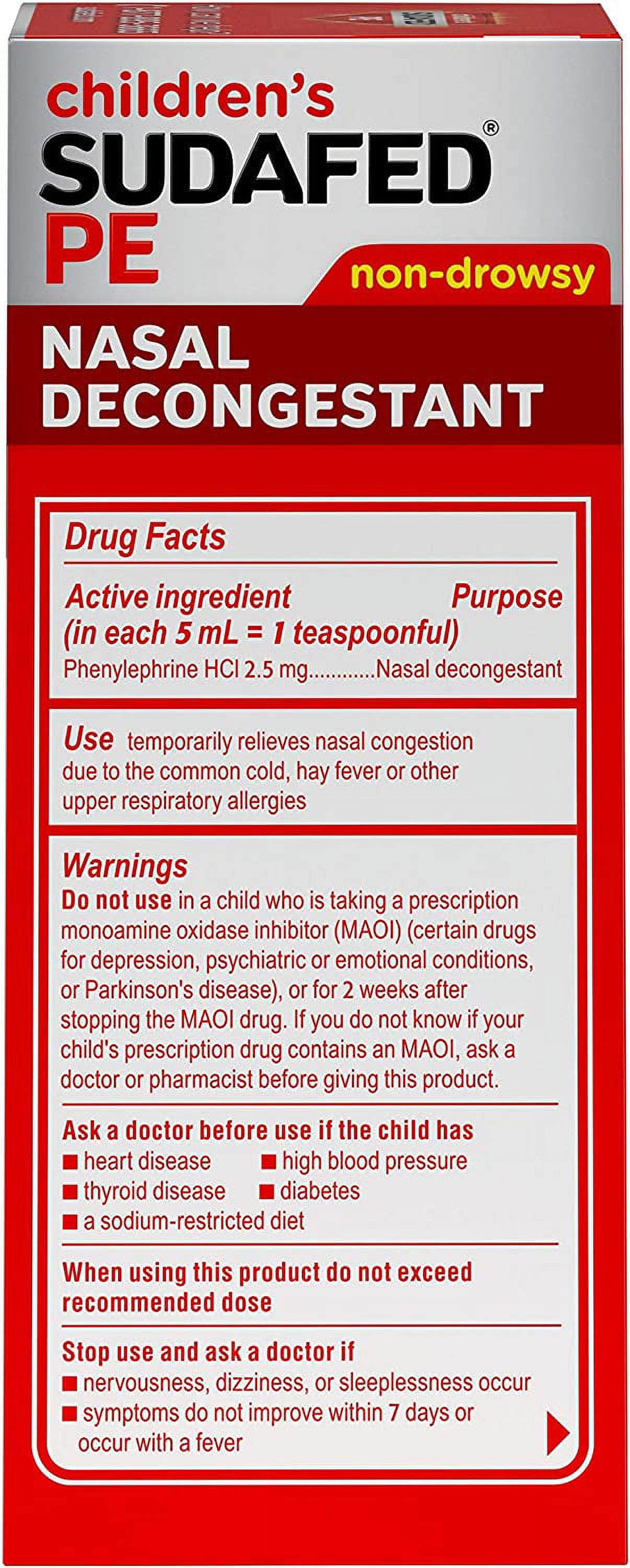Childrens Sudafed PE Nasal Decongestant, Raspberry Flavored, 4 Oz, 3 Pack