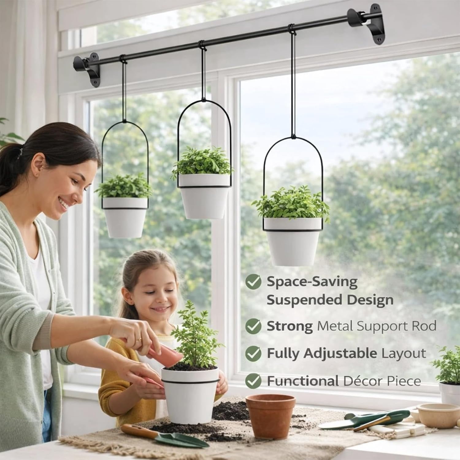 Adjustable Hanging Window Planter Set – Metal Rod Plant Hanger with 3 Pots for Indoor & Outdoor Green Display, Window Plant Pot Set, Adjustable Sill Plant Rack, for Garden, Kitchen, Living (Black)