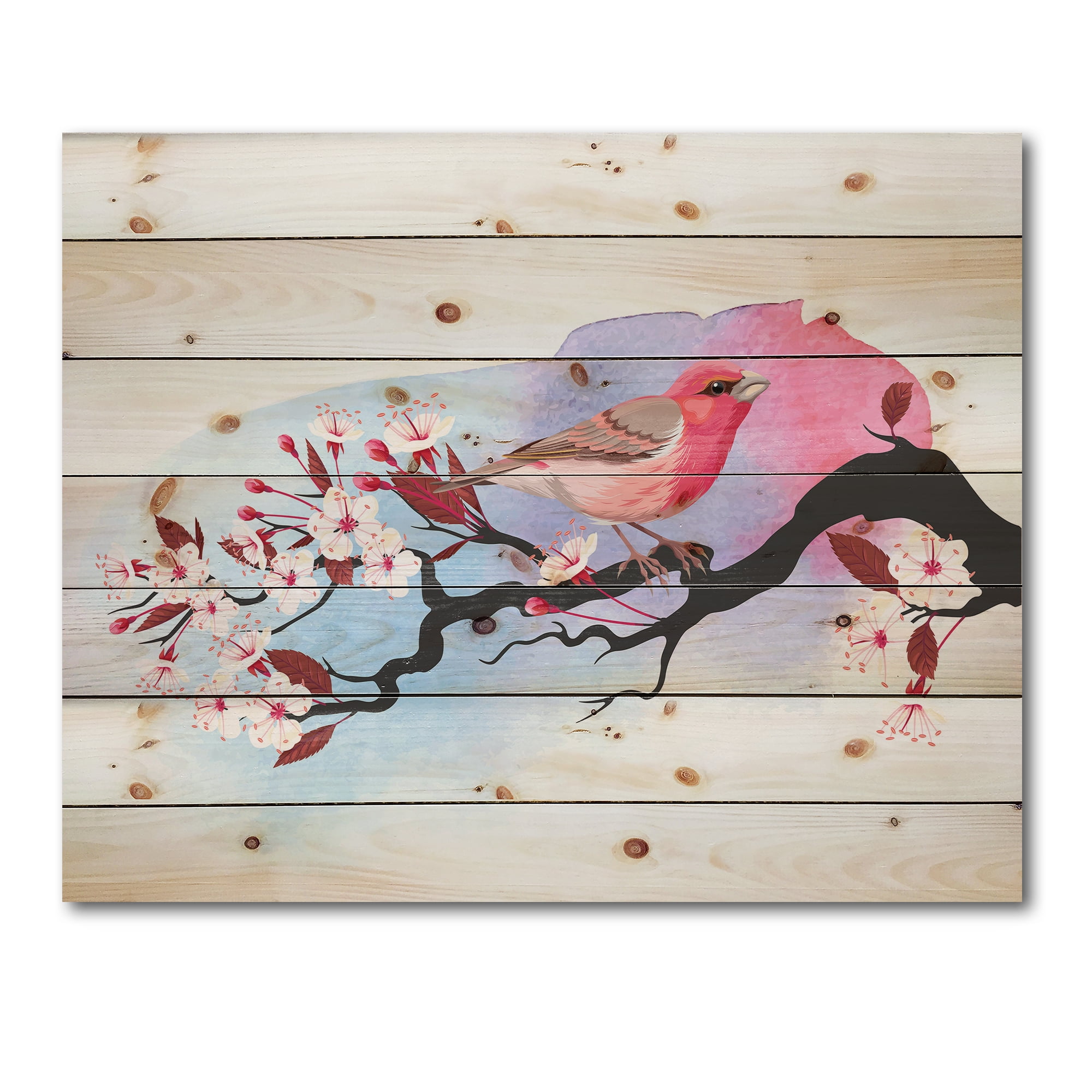 Designart 'Pink Bird Sitting On Cherry Branch' Traditional Print on Natural Pine Wood