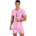 thumbnail image 3 of YEAHDOR Mens Short Sleeve Zipper Jumpsuit Workout Bodybuilding Bodysuit Swimwear Pink M, 3 of 5